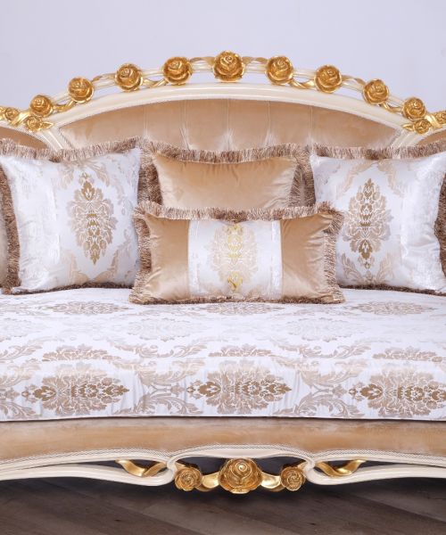 European Furniture - Valentine II Luxury Sofa in Beige With Dark Gold Leafs - 45012-S - GreatFurnitureDeal