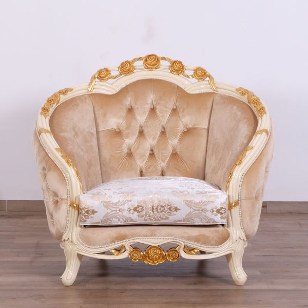 European Furniture - Valentine II Luxury Chair and 1-2 in Beige With Dark Gold Leafs - 45012-C - GreatFurnitureDeal
