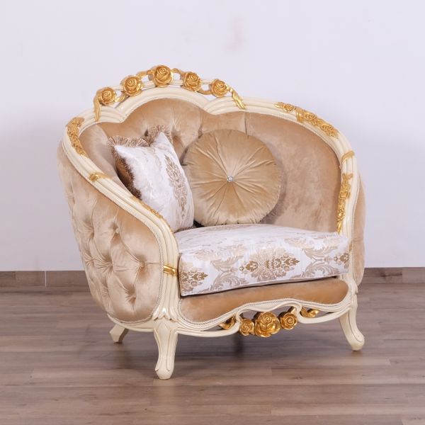European Furniture - Valentine II Luxury Chair and 1-2 in Beige With Dark Gold Leafs - 45012-C - GreatFurnitureDeal