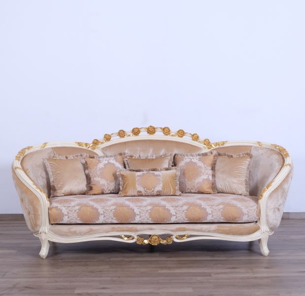 European Furniture - Valentine Luxury Sofa in Beige - Dark Gold Leafs - 45010-S - GreatFurnitureDeal