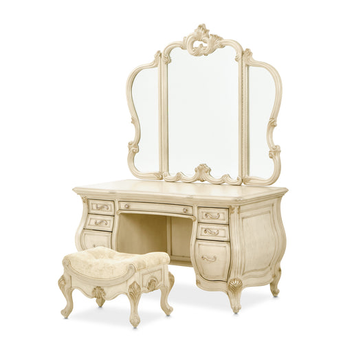 AICO Furniture - Platine De Royale Vanity with Mirror Glass Top & Bench in Tranquil/Champagne Gold - N09000VAN4-201 - GreatFurnitureDeal