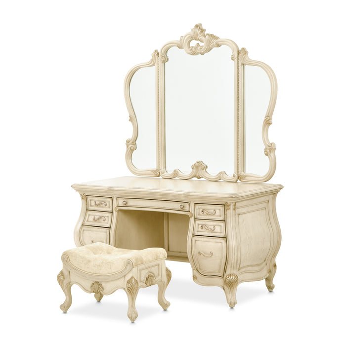 AICO Furniture - Platine De Royale Vanity with Mirror Glass Top & Bench in Tranquil/Champagne Gold - N09000VAN4-201 - GreatFurnitureDeal