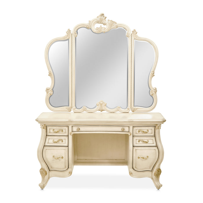 AICO Furniture - Platine De Royale Vanity with Mirror Glass Top & Bench in Tranquil/Champagne Gold - N09000VAN4-201 - GreatFurnitureDeal