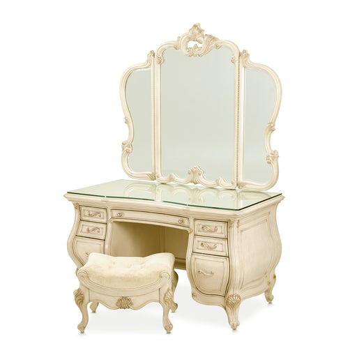AICO Furniture - Platine De Royale Vanity with Mirror Glass Top & Bench in Tranquil/Champagne Gold - N09000VAN4-201 - GreatFurnitureDeal