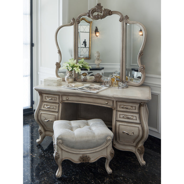 AICO Furniture - Platine De Royale Vanity with Mirror Glass Top & Bench in Tranquil/Champagne Gold - N09000VAN4-201 - GreatFurnitureDeal