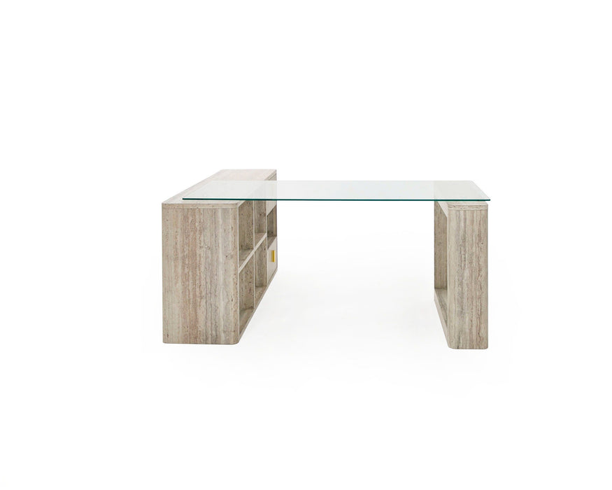 VIG Furniture - Nova Domus Roma - Modern Glass + Travertine Reversible Desk - VGAN-ROMA-DESK
