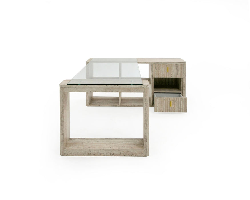 VIG Furniture - Nova Domus Roma - Modern Glass + Travertine Reversible Desk - VGAN-ROMA-DESK - GreatFurnitureDeal