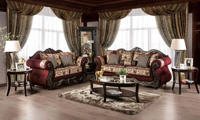 Furniture of America - Matteo 2 Piece Sofa Set in Burgundy, Brown - SM6433-SF-2SET