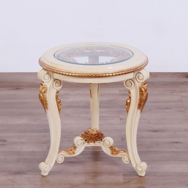 European Furniture - Veronica III Luxury End Table in Antique Beige and Antique Dark Gold Leafs - 47072-ET - GreatFurnitureDeal