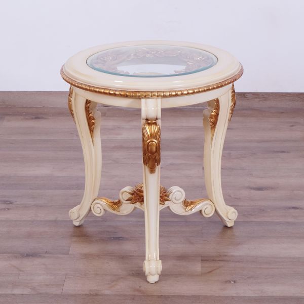 European Furniture - Veronica III Luxury End Table in Antique Beige and Antique Dark Gold Leafs - 47072-ET - GreatFurnitureDeal
