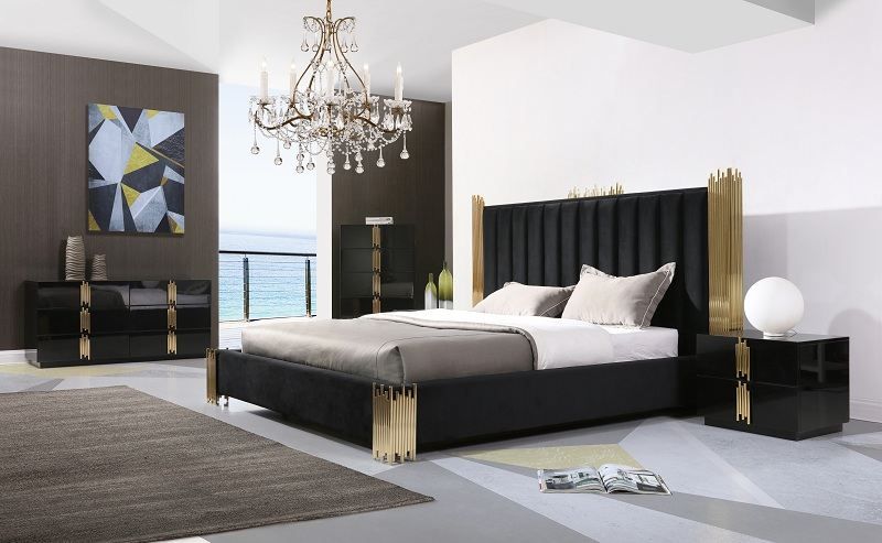 VIG Furniture - Modrest Token Modern Black Gold Queen Bed with Nightstands - VGVCBD815-BLK-BED-2NS-SET-Q - GreatFurnitureDeal