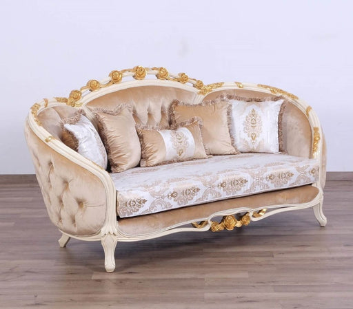 European Furniture - Valentine II Luxury Loveseat in Beige With Dark Gold Leafs - 45012-L - GreatFurnitureDeal