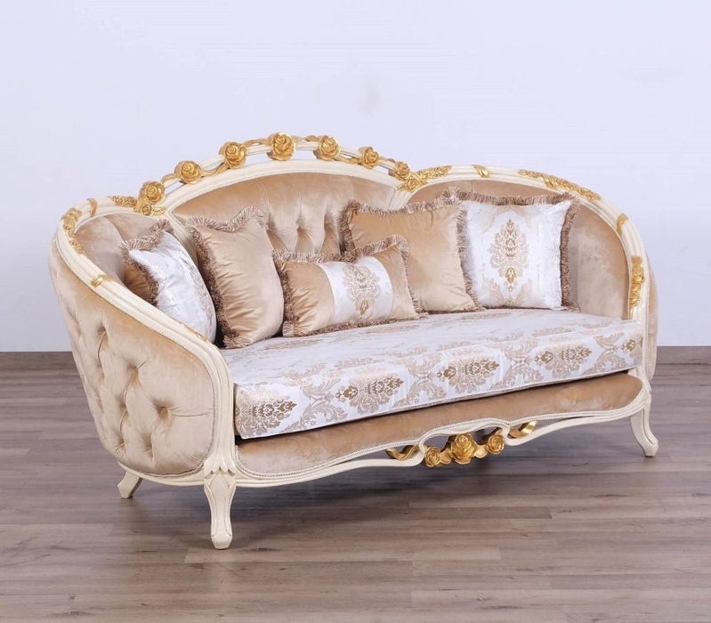 European Furniture - Valentine II Luxury Loveseat in Beige With Dark Gold Leafs - 45012-L - GreatFurnitureDeal