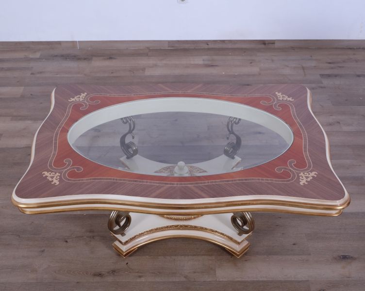 European Furniture - Valentine Luxury Coffee Table in Beige - Dark Gold Leafs - 45010-CT - GreatFurnitureDeal