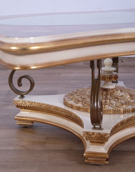 European Furniture - Valentine Luxury Coffee Table in Beige - Dark Gold Leafs - 45010-CT - GreatFurnitureDeal