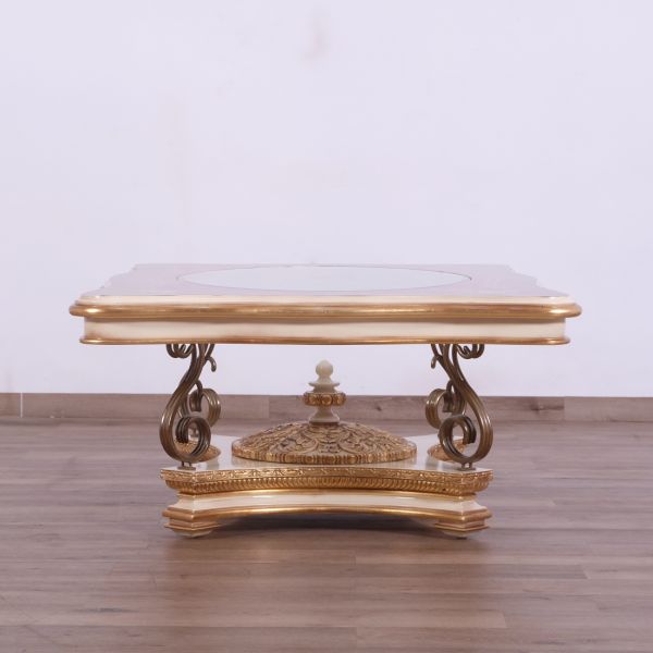 European Furniture - Valentine Luxury Coffee Table in Beige - Dark Gold Leafs - 45010-CT - GreatFurnitureDeal