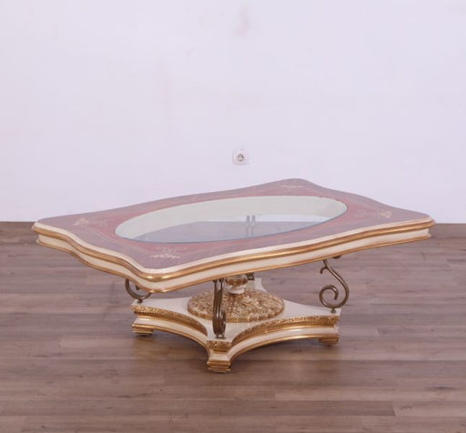 European Furniture - Valentine Luxury Coffee Table in Beige - Dark Gold Leafs - 45010-CT - GreatFurnitureDeal