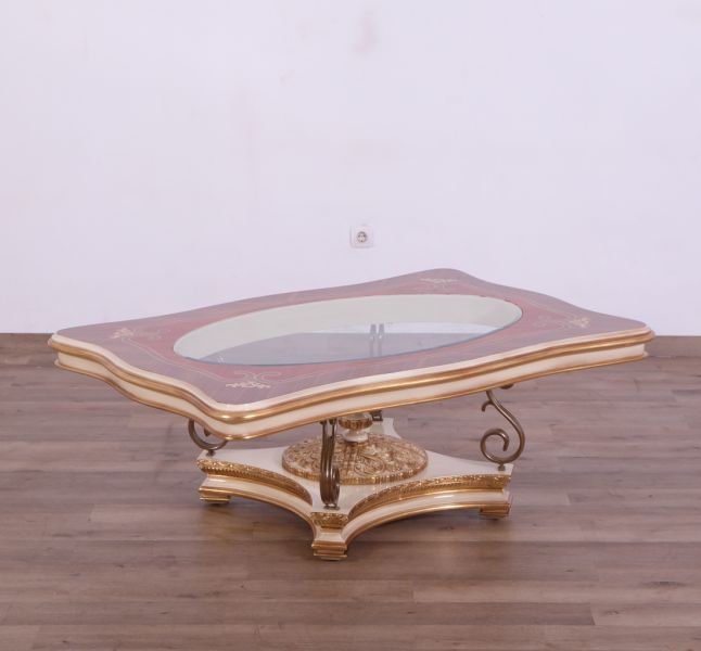 European Furniture - Valentine Luxury Coffee Table in Beige - Dark Gold Leafs - 45010-CT - GreatFurnitureDeal