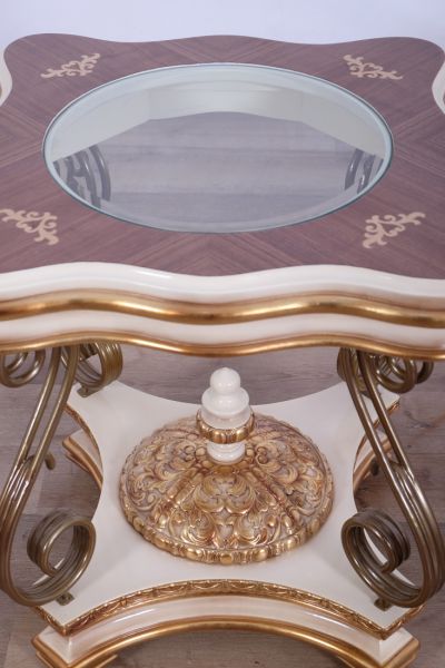 European Furniture - Valentine Luxury End Table in Beige - Dark Gold Leafs - 45010-ET - GreatFurnitureDeal