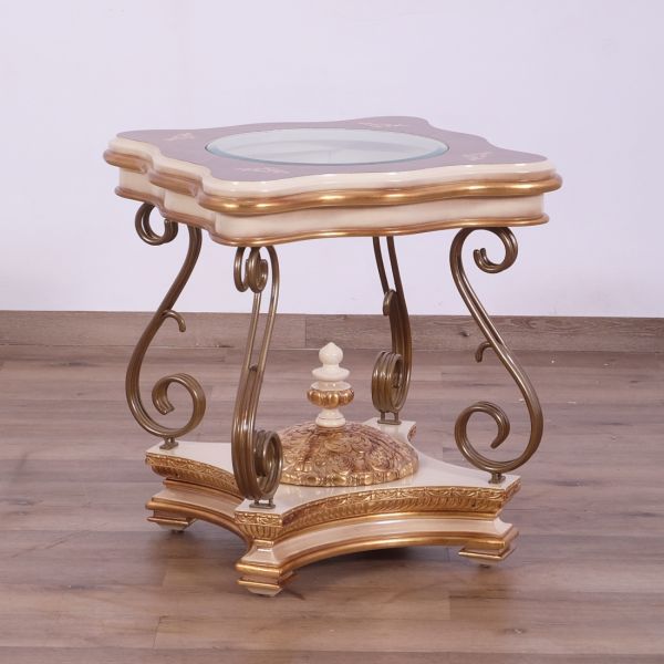 European Furniture - Valentine Luxury End Table in Beige - Dark Gold Leafs - 45010-ET - GreatFurnitureDeal