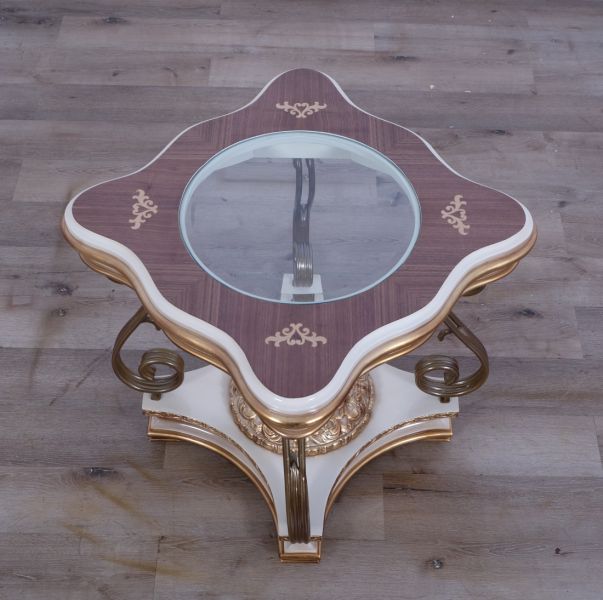 European Furniture - Valentine Luxury End Table in Beige - Dark Gold Leafs - 45010-ET - GreatFurnitureDeal
