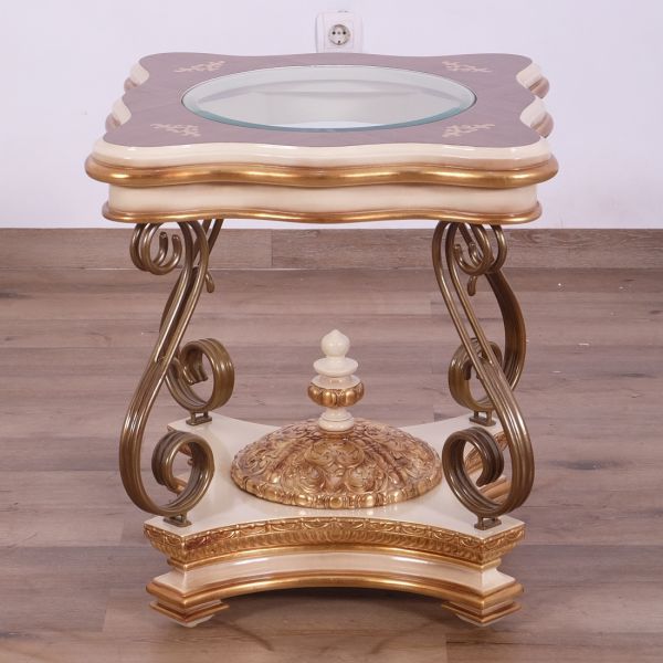 European Furniture - Valentine Luxury End Table in Beige - Dark Gold Leafs - 45010-ET - GreatFurnitureDeal