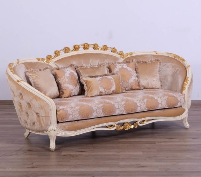 European Furniture - Valentine Luxury Sofa in Beige - Dark Gold Leafs - 45010-S - GreatFurnitureDeal