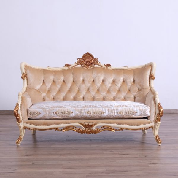 European Furniture - Veronica III Luxury Loveseat in Antique Beige and Antique Dark Gold leaf - 47072-L - GreatFurnitureDeal