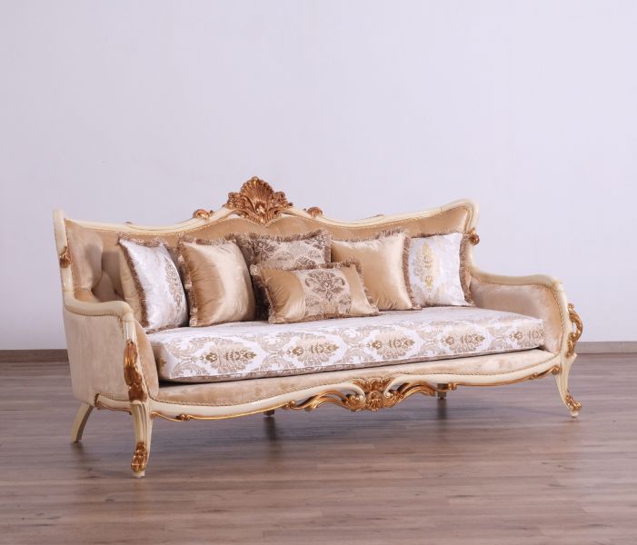 European Furniture - Veronica III Luxury Sofa in Antique Beige and Antique Dark Gold leaf - 47072-S - GreatFurnitureDeal