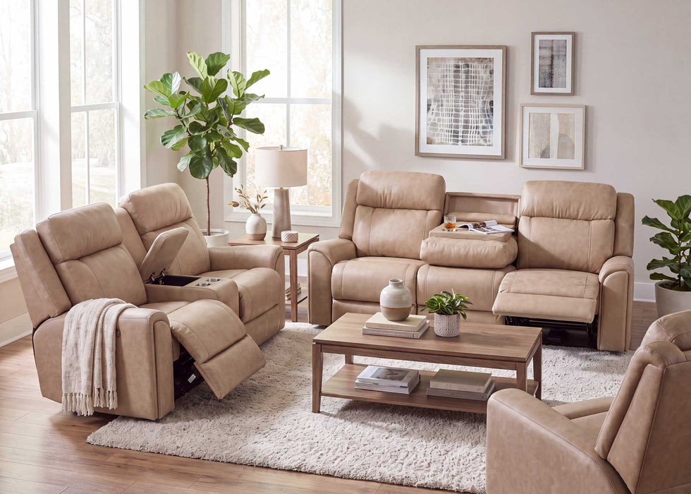 Franklin Furniture - 693 Parker Power Reclining Sofa w/ Power Headrest, Drop Down Table, Cupholders & USB in Duvall Sand - 69347-SAND