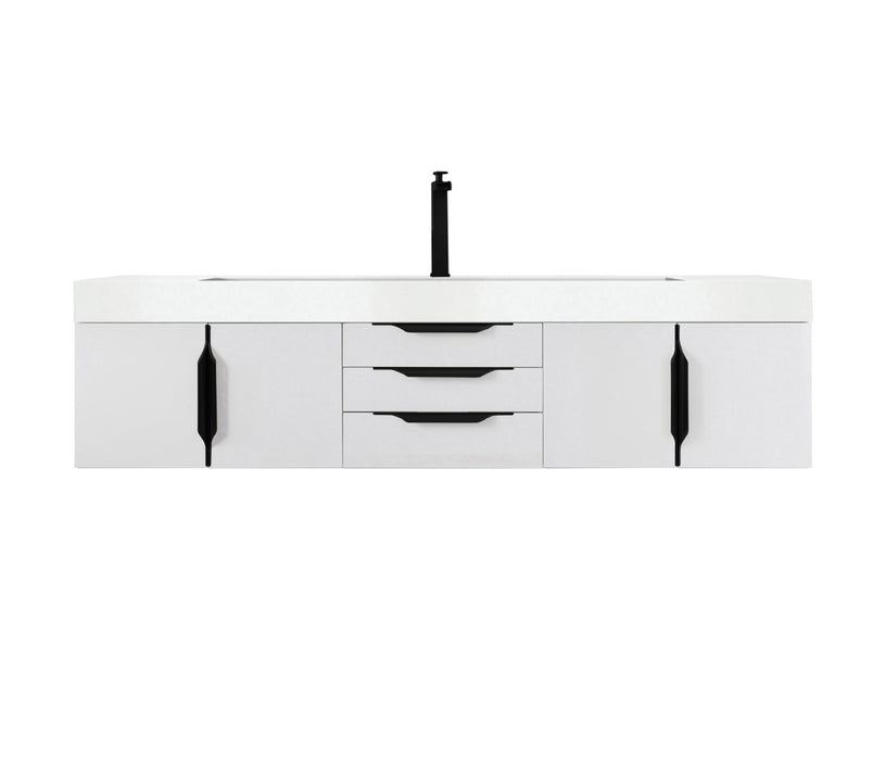 James Martin Furniture - Columbia 72" Single Wall Mount Vanity, Glossy White, Matte Black w/ Glossy White Composite Stone Top - 983-V72S-W-GW-B-GW - GreatFurnitureDeal