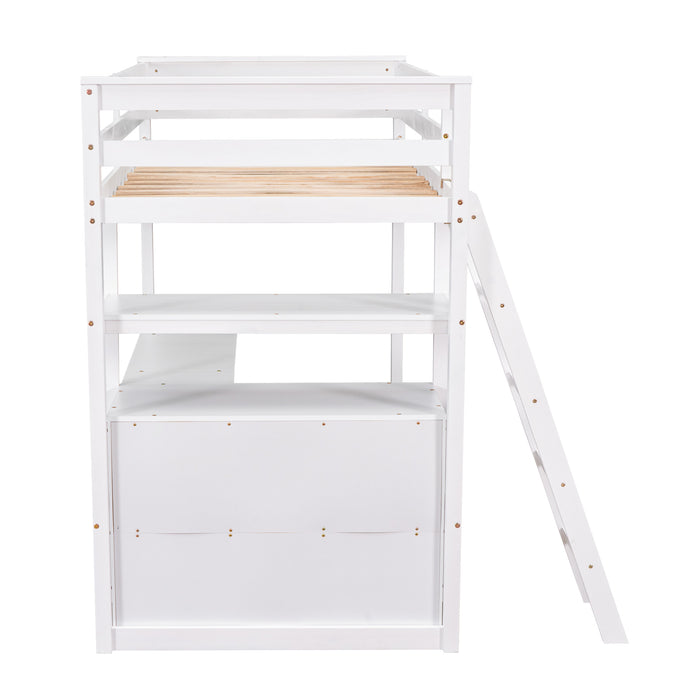 GFD Home - Twin Size Loft Bed with Desk and Shelves, Two Built-in Drawers, White (old SKU: GX000803AAK-1） - GreatFurnitureDeal