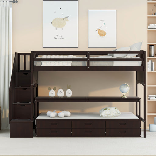 GFD Home - Stairway Twin XL Loft Bed with Twin Size Trundle and 3 Drawers, Storage, Desk, Espresso - GreatFurnitureDeal