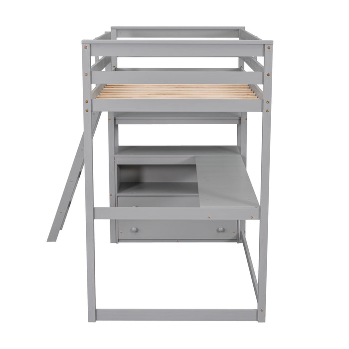 GFD Home - Twin Size Loft Bed with Desk and Shelves, Two Built-in Drawers, Gray(old SKU: GX000803AAE-1） - GreatFurnitureDeal