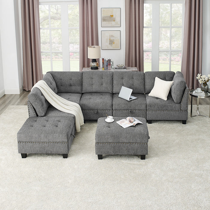 GFD Home - L shape Modular Sectional Sofa，DIY Combination，includes Three Single Chair ，Two Corner and Two Ottoman，Grey Chenille - GreatFurnitureDeal