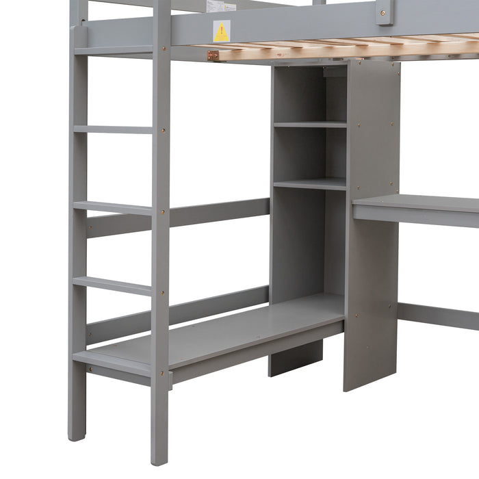 GFD Home - Full Size Loft Bed with Multifunction Shelves and Under-bed Desk, Gray - GreatFurnitureDeal