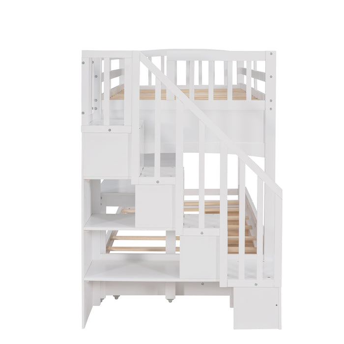 GFD Home - Stairway Twin XL Loft Bed with Twin Size Trundle and 3 Drawers, Storage, Desk, White - GreatFurnitureDeal