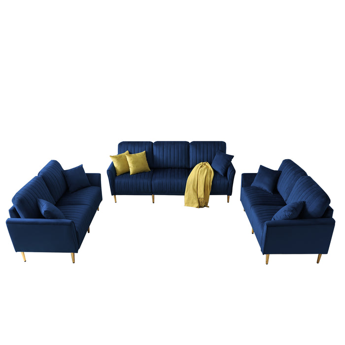 GFD Home - Velvet Fabric Sofa Couch Set, Mid-Century 3-Seat Tufted Love Seat for Living Room, Bedroom, Office, Apartment, Dorm, Studio and Small Space, 7 Pillows Included(Navy Blue),3+2+2 Seater - GreatFurnitureDeal