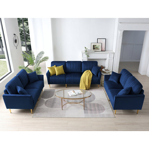 GFD Home - Velvet Fabric Sofa Couch Set, Mid-Century 3-Seat Tufted Love Seat for Living Room, Bedroom, Office, Apartment, Dorm, Studio and Small Space, 7 Pillows Included(Navy Blue),3+2+2 Seater - GreatFurnitureDeal