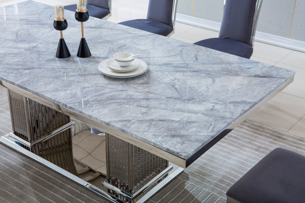 GFD Home - Modern Rectangular Marble Dining Table, 0.71" Thick Marble Top, Double Pedestal Pillar Stainless Steel Base with Silver Mirrored Finish, Size:87"Lx41"Dx30"H(Not Including Chairs) - GreatFurnitureDeal