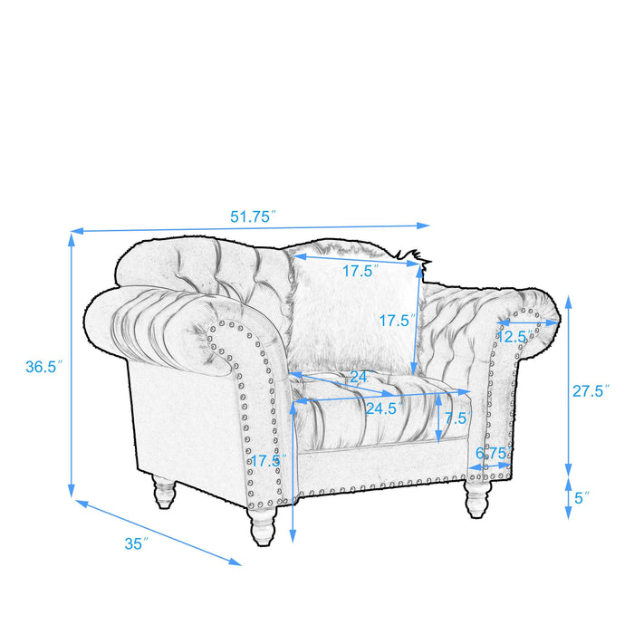 GFD House - 3 Piece Living Room Sofa Set, including 3-Seater Sofa, Loveseat and Sofa Chair, with Button and Copper Nail on Arms and Back, Five White Villose Pillow, Grey. - GreatFurnitureDeal