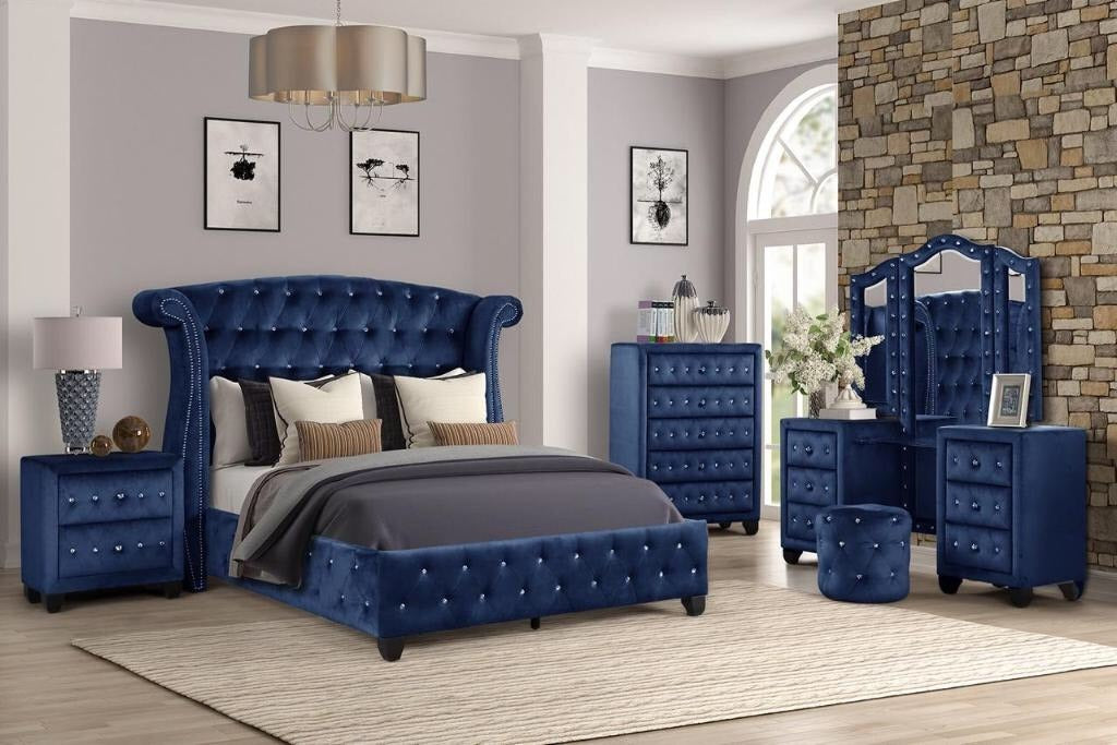 GFD Home - Sophia Full 5 Pc Vanity Upholstery Bedroom Set Made With Wood in Blue - GreatFurnitureDeal