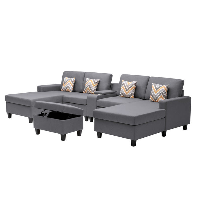 GFD Home - Nolan Gray Linen Fabric 6Pc Double Chaise Sectional Sofa with Interchangeable Legs, Storage Ottoman, Pillows, and a USB, Charging Ports, Cupholders, Storage Console Table - GreatFurnitureDeal