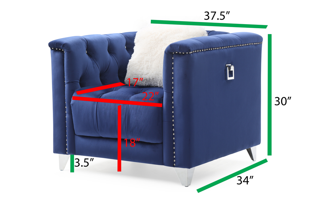 GFD Home - Russell Tufted Upholstery 3 Pc Living Room Set Finished in Velvet Fabric in Blue - GreatFurnitureDeal