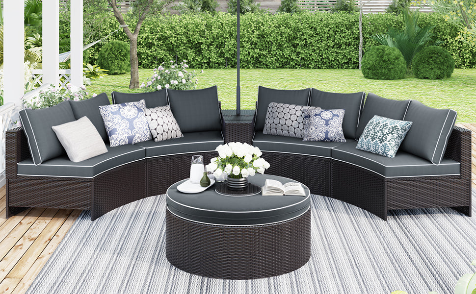 GFD Home - TOPMAX 6 Pieces Outdoor Sectional Half Round Patio Rattan Sofa Set, PE Wicker Conversation Furniture Set w/ One Storage Side Table for Umbrella and One Multifunctional Round Table, Brown+ Gray - GreatFurnitureDeal