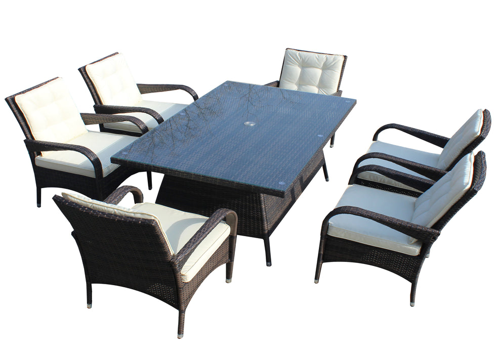 GFD Home - Patio 7-Piece Rectangular Dining Set with 6 Dining Chairs (Brown &Beige Cushion ) - GreatFurnitureDeal