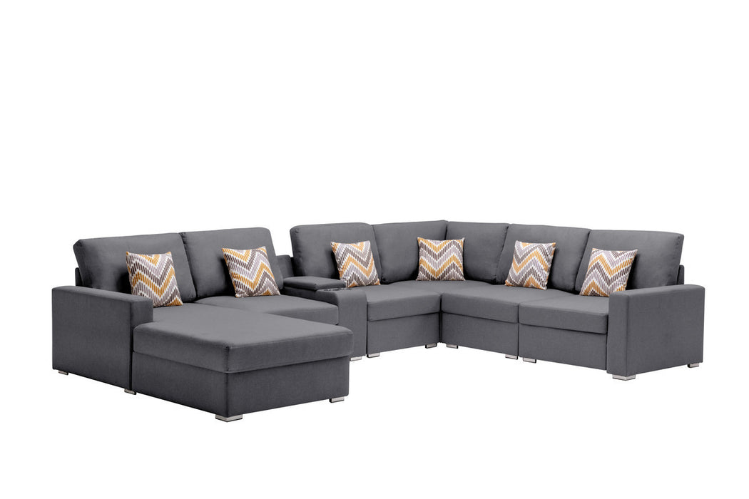 GFD Home - Nolan Gray Linen Fabric 7Pc Reversible Chaise Sectional Sofa with a USB, Charging Ports, Cupholders, Storage Console Table and Pillows and Interchangeable Legs - GreatFurnitureDeal
