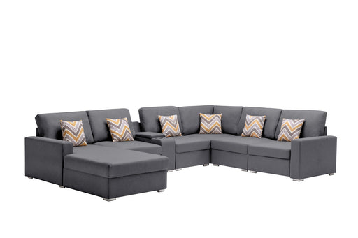 GFD Home - Nolan Gray Linen Fabric 7Pc Reversible Chaise Sectional Sofa with a USB, Charging Ports, Cupholders, Storage Console Table and Pillows and Interchangeable Legs - GreatFurnitureDeal