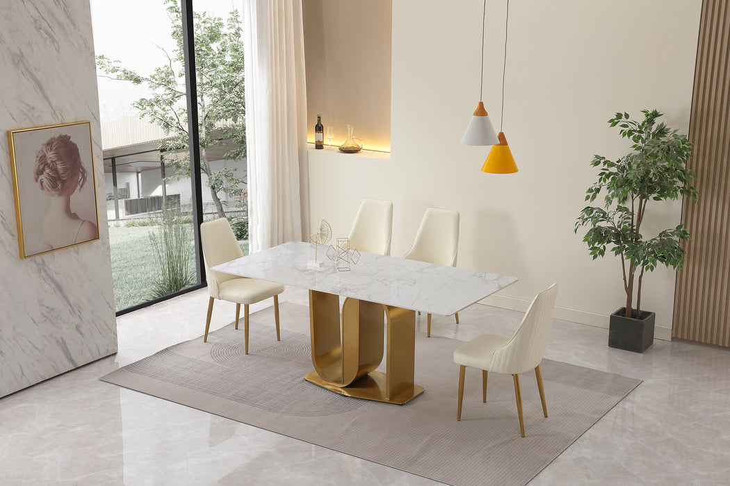 GFD Home - 71" Contemporary Dining Table  Sintered Stone  U shape Pedestal Base in Gold finish with 6 pcs Chairs .