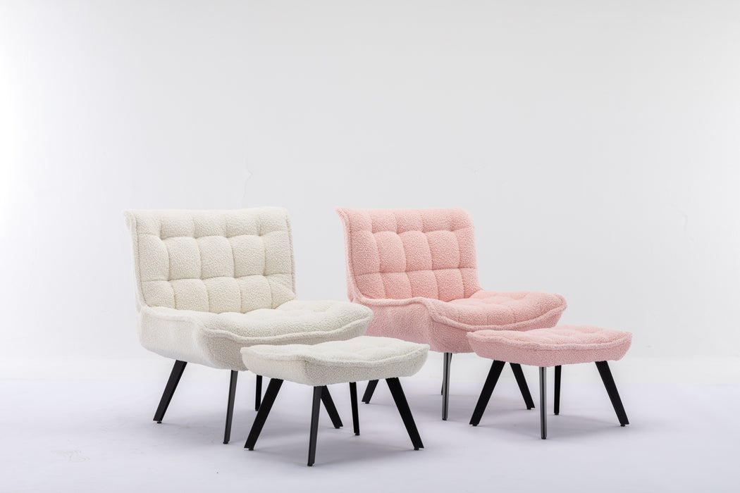 GFD HOME - Modern Soft Teddy Fabric Material Large Width Accent Chair Leisure Chair Armchair TV Chair Bedroom Chair With Ottoman Black Legs For Indoor Home And Living Room,White - GreatFurnitureDeal